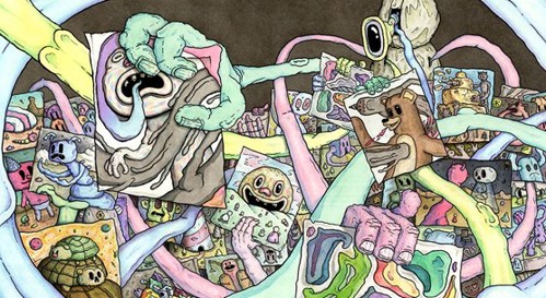 Too Many Truths, Ink & Watercolor, 22" X 15", 2016, Nathan Pietrykowski. Multiple images in the artwork.