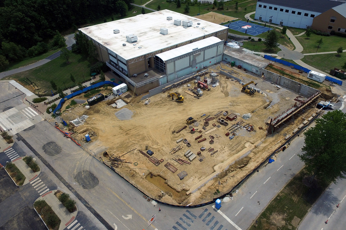 Aerial view of Physical Activities Center construction