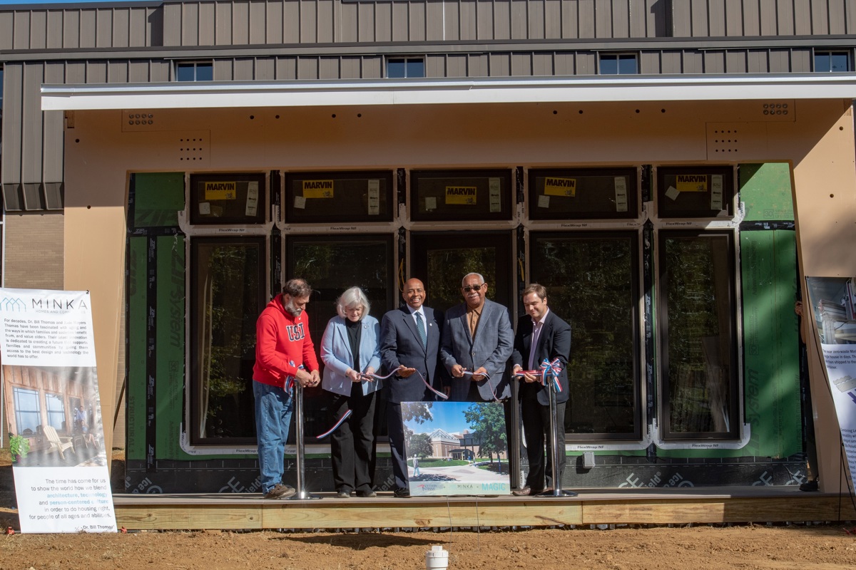 From left: Dr. Bill Thomas, geriatrician and founder of Minka; Dr. Ann White, dean of the USI College of Nursing and Health Professions; Dr. Ronald Rochon, USI president; Harold Calloway, chair of the USI Board of Trustees; Addison Pollack of AARP Indiana