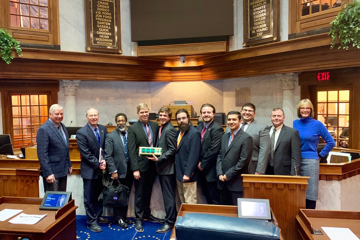 The University of Southern Indiana UNITE CubeSat team traveled to Indianapolis on Tuesday, March 5, 2019, to be honored with a concurrent resolution by the Indiana General Assembly at the Statehouse.