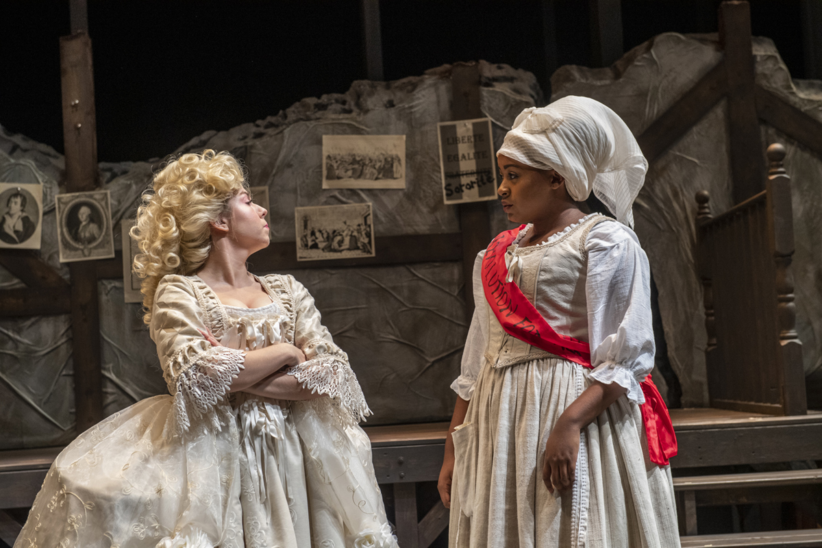 Kaitlyn Kearschner (left) and Jesmelia Williams in a USI Theatre production of The Revolutionists