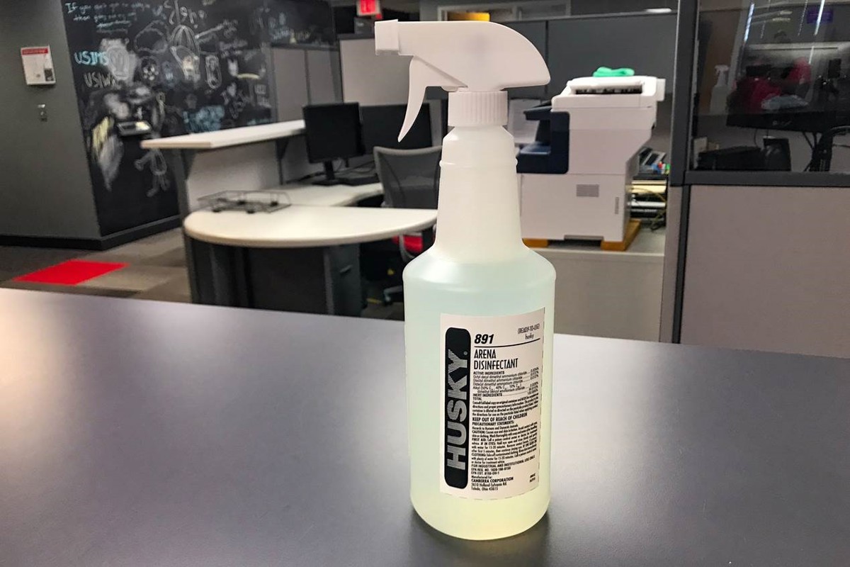 A bottle of cleaning spray provided to University offices