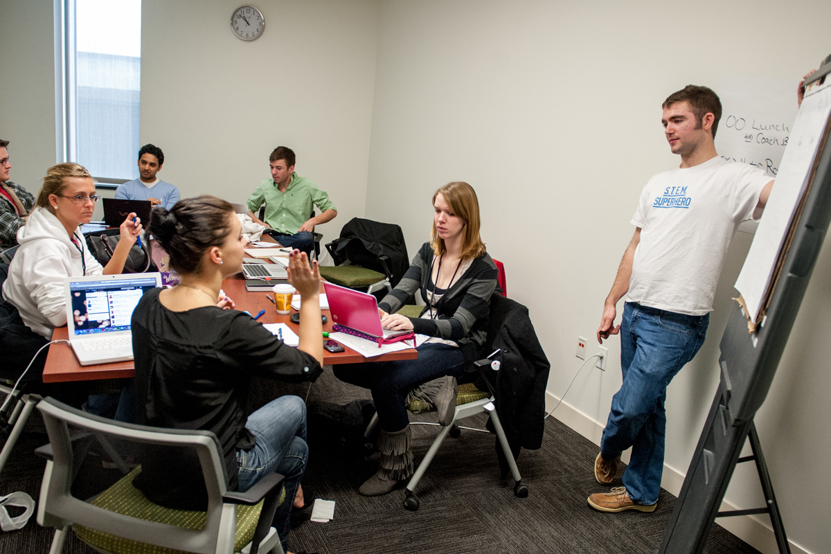 Students in the entrepreneurship minor participating in a Startup Weekend Evansville event