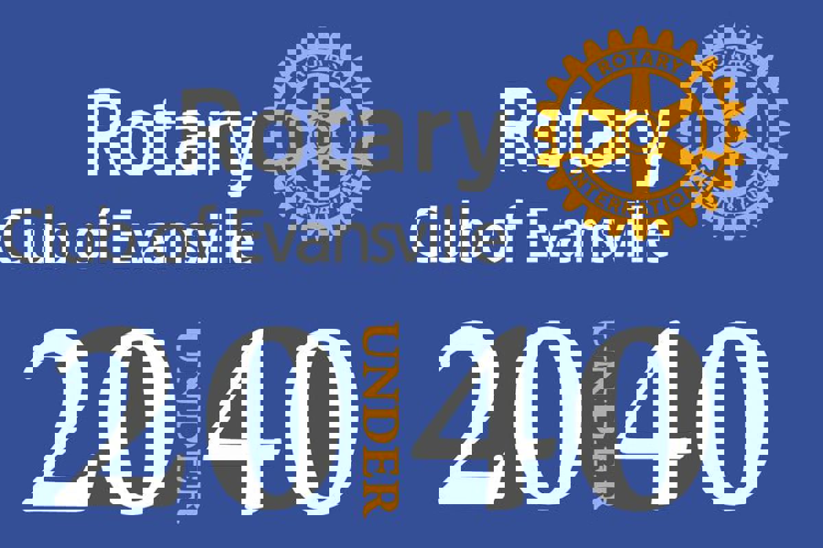 Rotary Club of Evansville 20 Under 40 text with Rotary International symbol