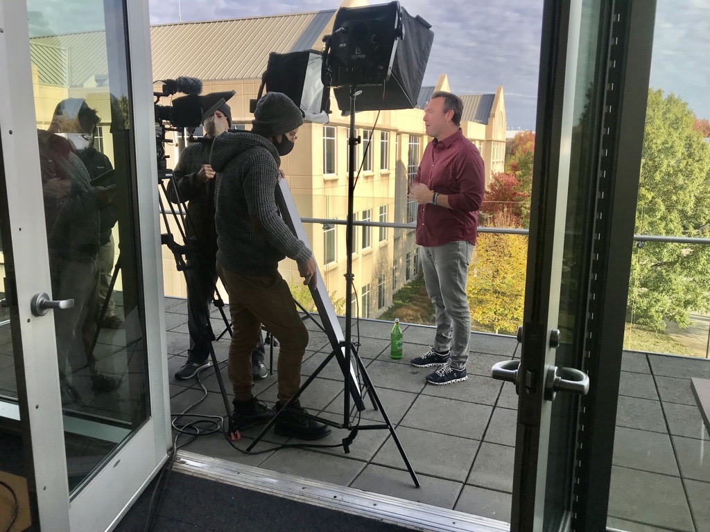 Alex Boylan filming on campus