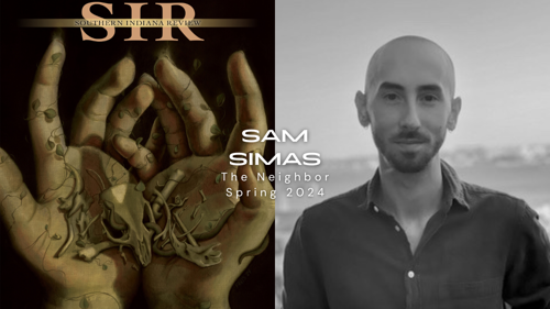 Left: Two hands hold animal bones and green vines. Right: A bald white man stands in front of an open landscape.