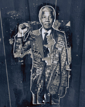 Street art of Nelson Mandela with a raised fist.