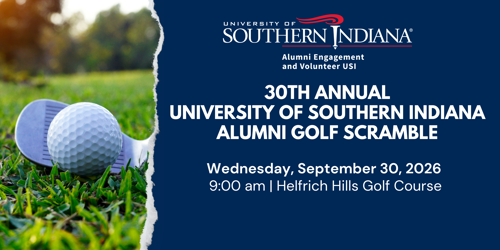 graphic image - 30th Annual USI Alumni Golf Scramble, Wednesday, September 30, 2026 at 9 a.m. at Helfrich Hills Golf Course