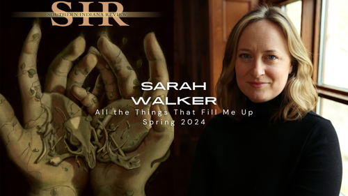 Left: Two hands hold animal bones and green vines. Right: A white woman stands in front of a brightly lit window.