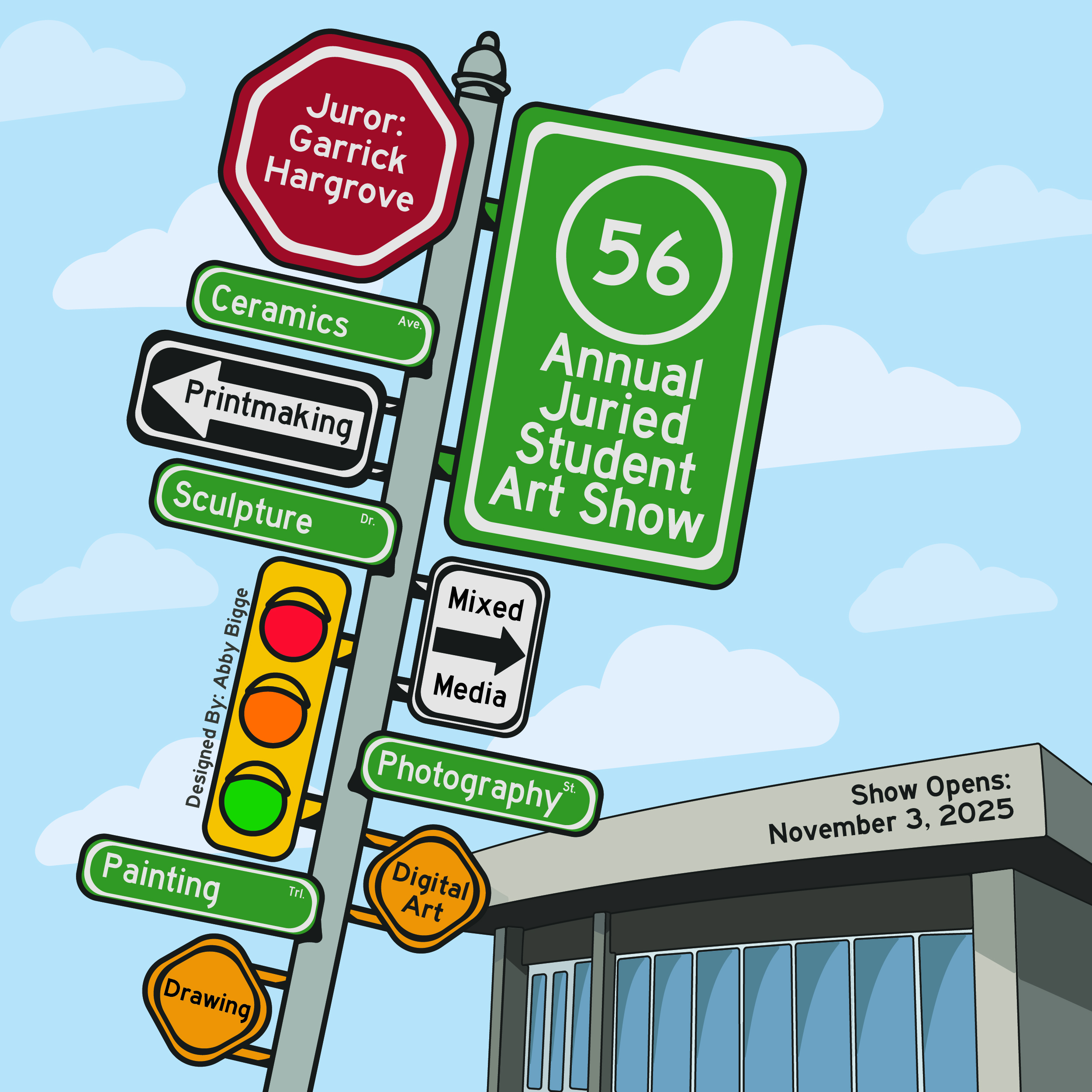 Image of Gallery exterior and a signpost containing information about the show