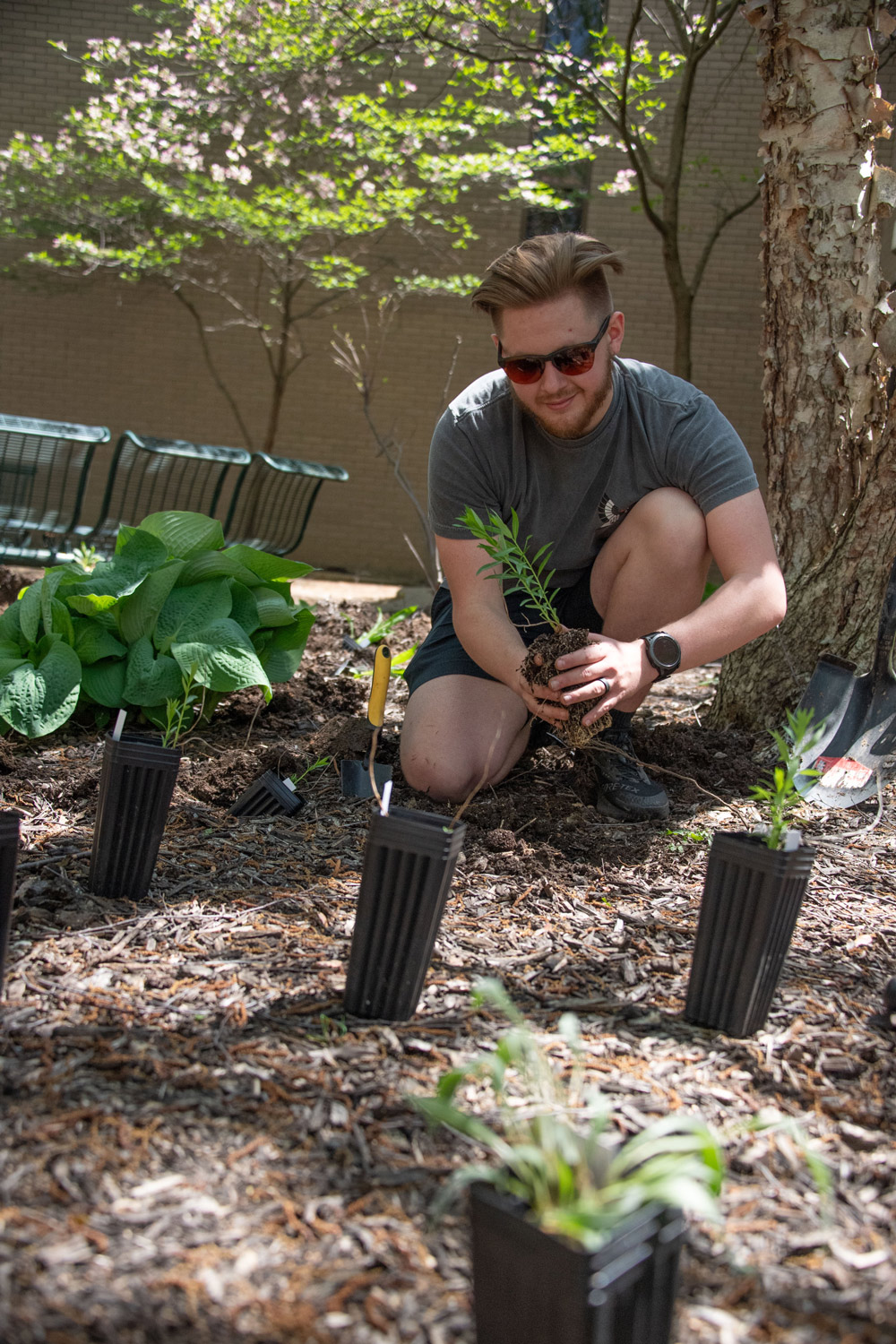 Nolan Durham, USI senior, installing the pollinator garden spring 2024