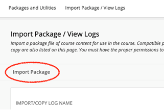 Screenshot of Import Package Section on Blackboard