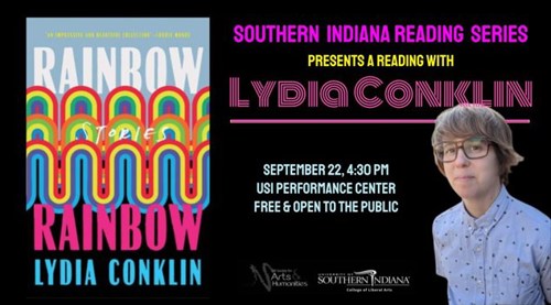 Lydia Conklin flyer for Southern Indiana Reading Series with author picture and book cover