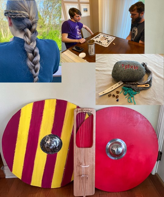 The images are of a student who tried several different Viking hairstyles, a student who tried to master the Viking game of hnefatafl, an attempt at runestone carving,  a bone, flute, nalbinding (knitting), glass beads, two shields, and a lyre (it is even in tune).  