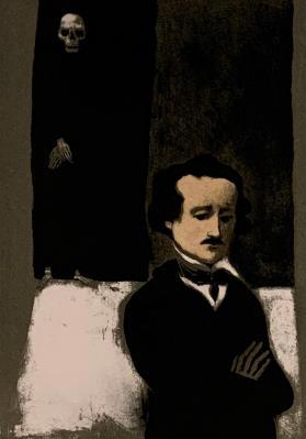Poe in foreground with skeleton in background
